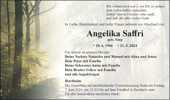 Traueranzeige von Angelika Saffri von Fränkische Nachrichten