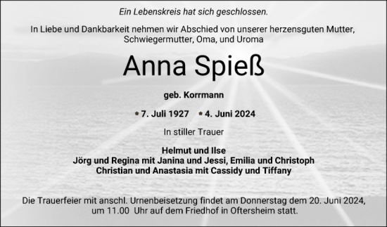 Traueranzeige von Anna Spieß von Schwetzinger Zeitung