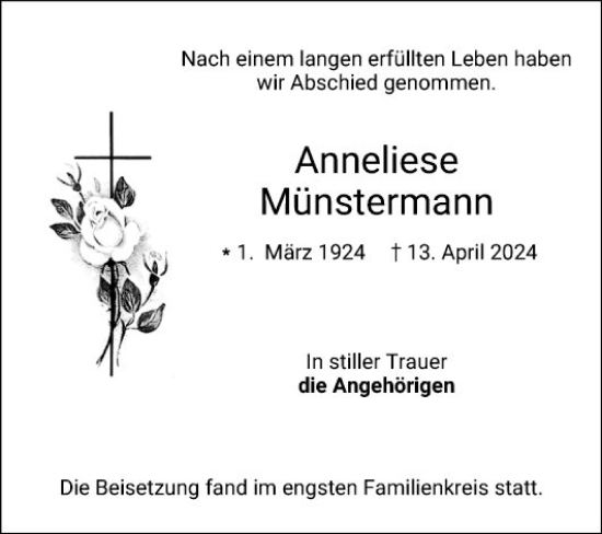 Traueranzeige von Anneliese Münstermann von Bergsträßer Anzeiger