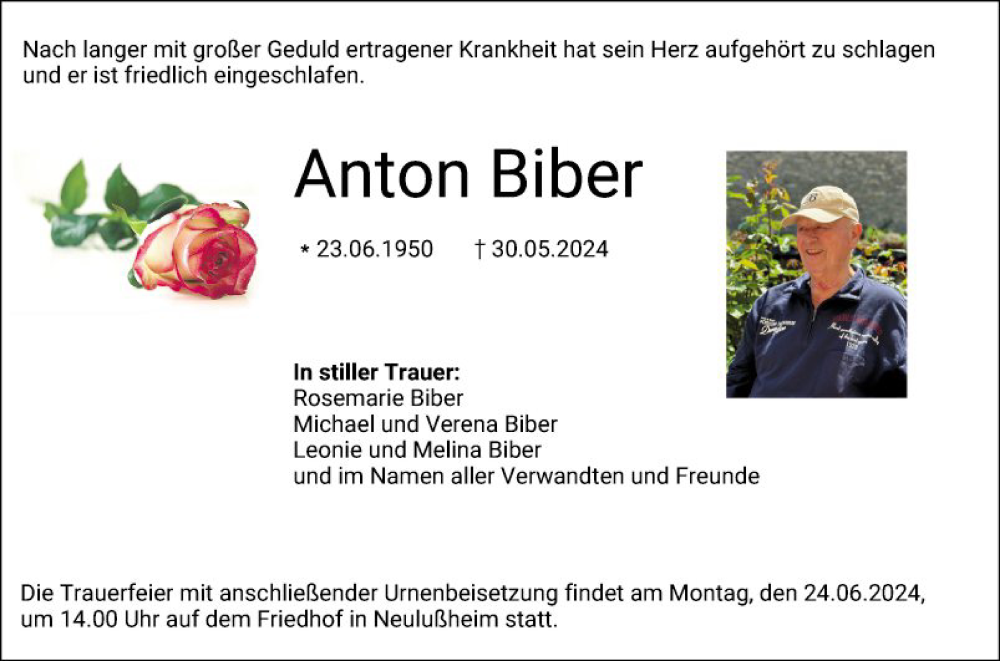  Traueranzeige für Anton Biber vom 21.06.2024 aus Schwetzinger Zeitung