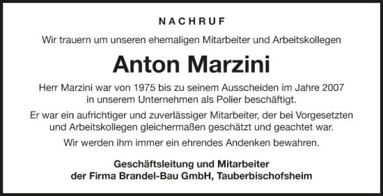 Traueranzeige von Anton Marzini von Fränkische Nachrichten