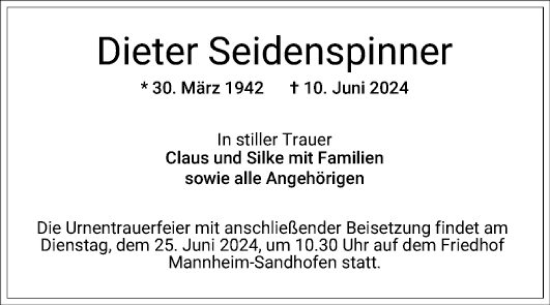 Traueranzeige von Dieter Seidenspinner von Mannheimer Morgen