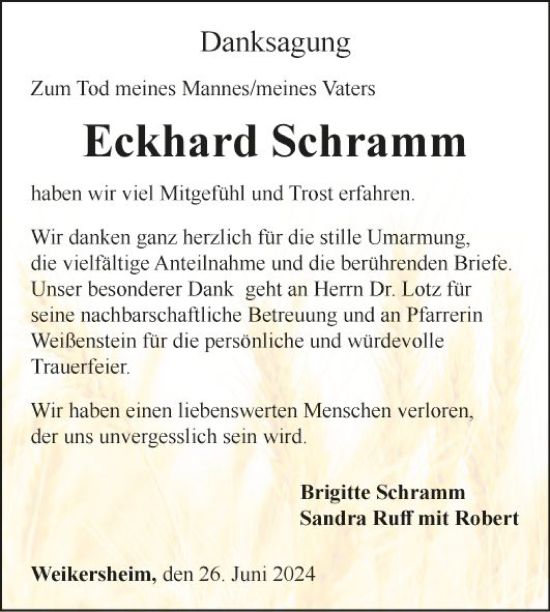 Traueranzeige von Eckhard Schramm von Fränkische Nachrichten