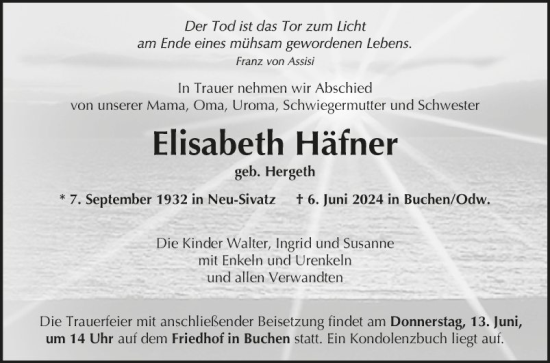 Traueranzeige von Elisabeth Häfner von Fränkische Nachrichten