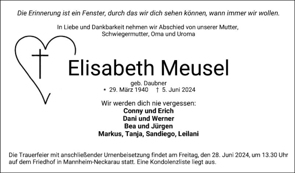  Traueranzeige für Elisabeth Meusel vom 15.06.2024 aus Mannheimer Morgen