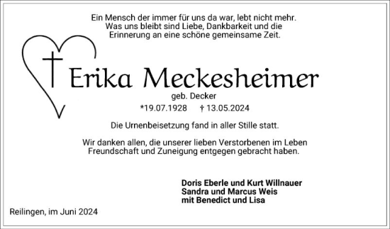 Traueranzeige von Erika Meckesheimer von Schwetzinger Zeitung