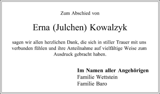 Traueranzeige von Erna Kowalzyk von Schwetzinger Zeitung