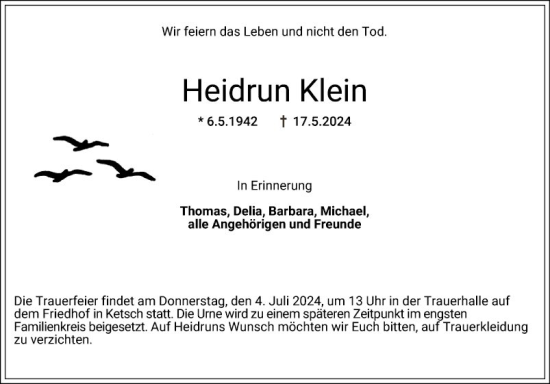 Traueranzeige von Heidrun Klein von Schwetzinger Zeitung