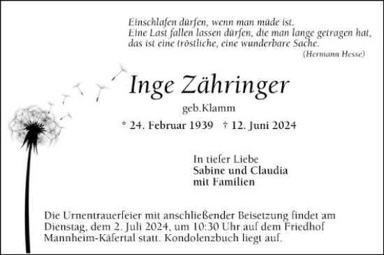 Traueranzeige von Inge Zähringer von Mannheimer Morgen