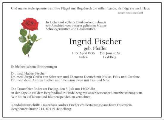 Traueranzeige von Ingrid Fischer von Fränkische Nachrichten