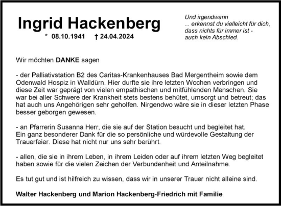 Traueranzeige von Ingrid Hackenberg von Fränkische Nachrichten