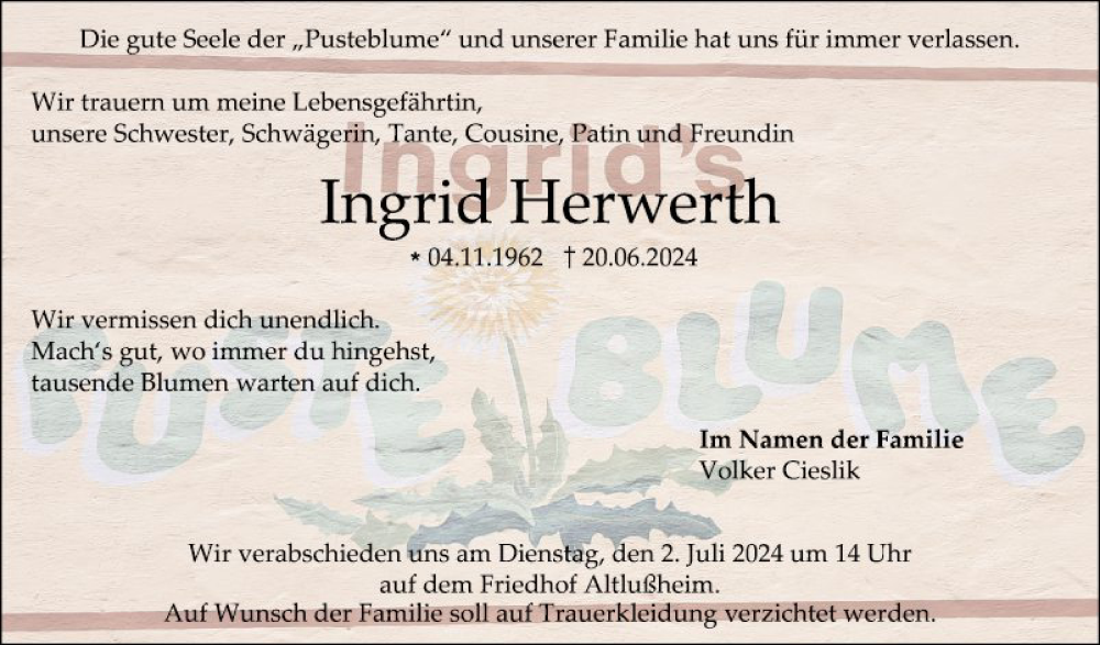  Traueranzeige für Ingrid Herwerth vom 29.06.2024 aus Schwetzinger Zeitung