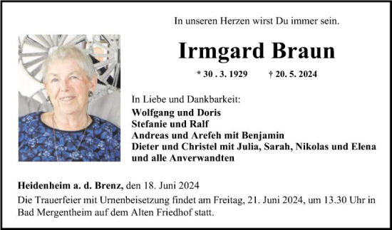 Traueranzeige von Irmgard Braun von Fränkische Nachrichten