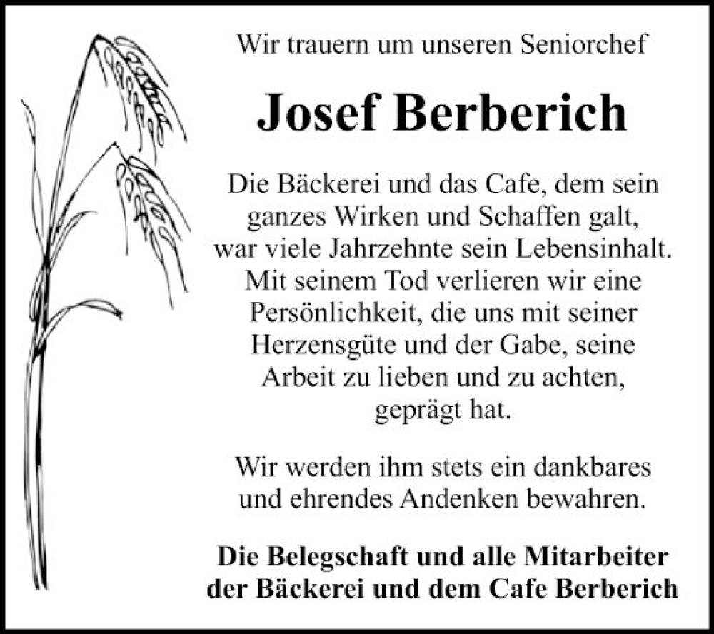  Traueranzeige für Josef Berberich vom 26.06.2024 aus Fränkische Nachrichten