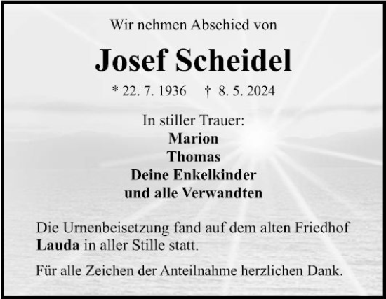 Traueranzeige von Josef Scheide von Fränkische Nachrichten