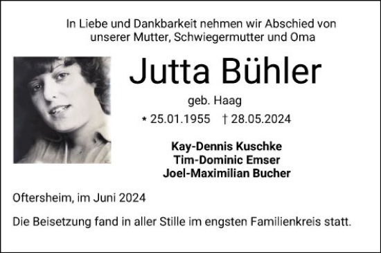 Traueranzeige von Jutta Bühler von Schwetzinger Zeitung