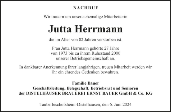 Traueranzeige von Jutta Herrmann von Fränkische Nachrichten
