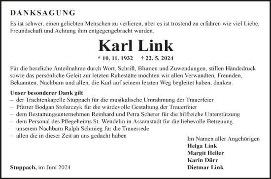 Traueranzeige von Karl Link von Fränkische Nachrichten