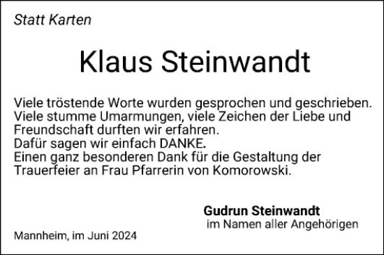 Traueranzeige von Klaus Steinwandt von Mannheimer Morgen