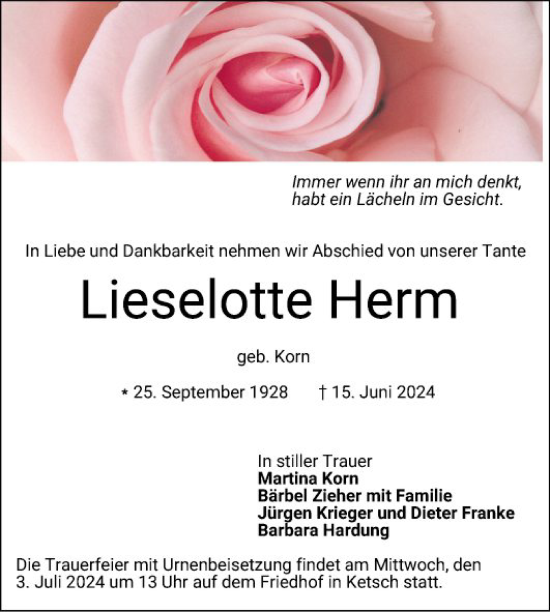 Traueranzeige von Lieselotte Herm von Schwetzinger Zeitung