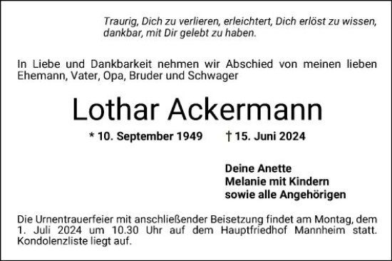 Traueranzeige von Lothar Ackermann von Mannheimer Morgen