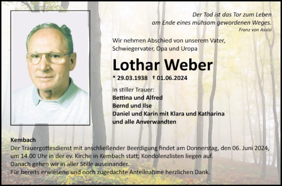 Traueranzeige von Lothar Weber von Fränkische Nachrichten