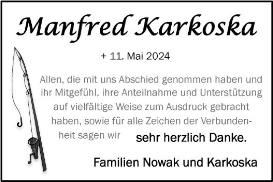 Traueranzeige von Manfred Karkoska von Fränkische Nachrichten