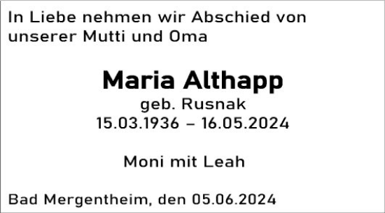 Traueranzeige von Maria Althapp von Fränkische Nachrichten