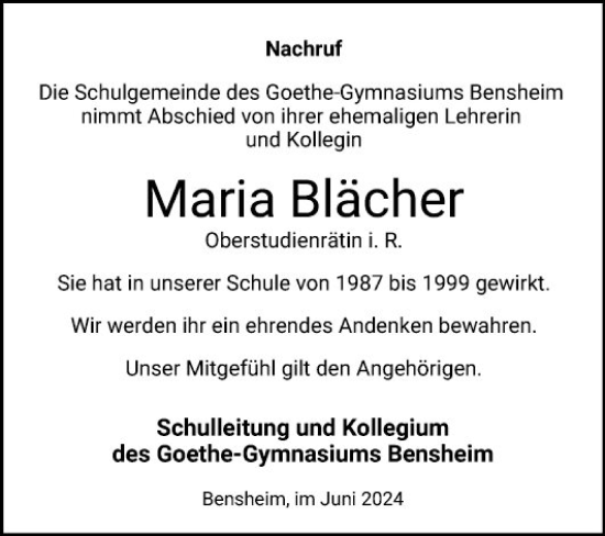 Traueranzeige von Maria Blächer von Bergsträßer Anzeiger