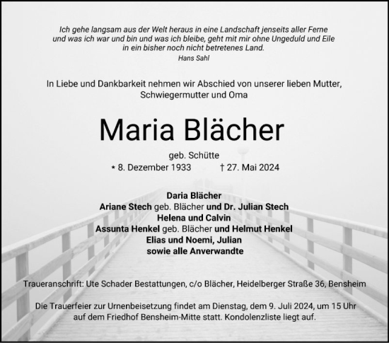 Traueranzeige von Maria Blächer von Bergsträßer Anzeiger