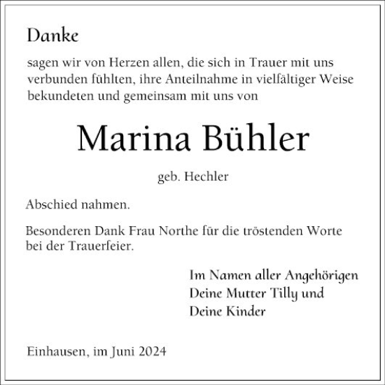 Traueranzeige von Marina Bühler von Bergsträßer Anzeiger