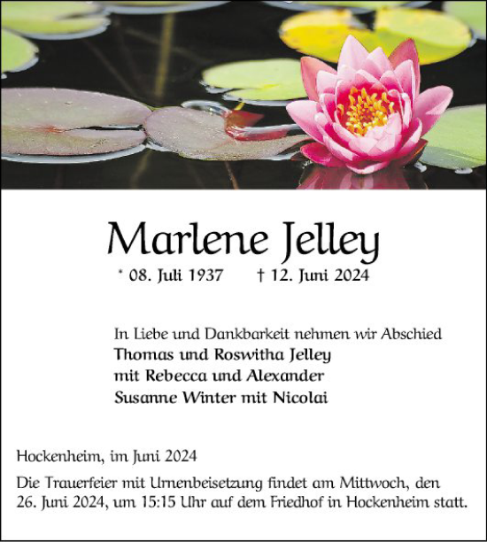 Traueranzeige von Marlene Jelley von Schwetzinger Zeitung