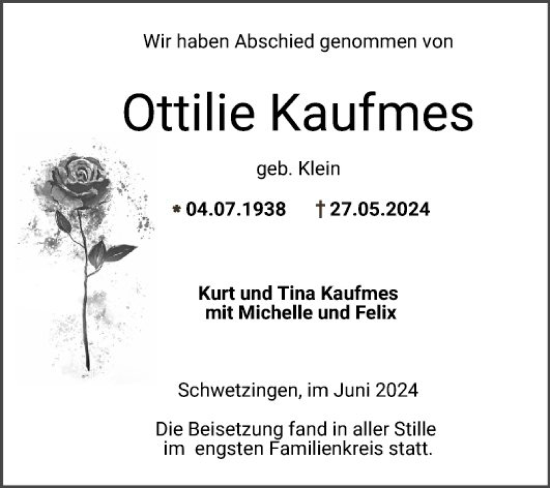 Traueranzeige von Ottilie Kaufmes von Schwetzinger Zeitung