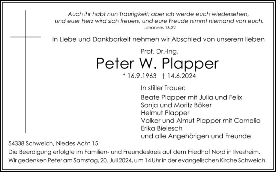 Traueranzeige von Peter W. Plapper von Mannheimer Morgen