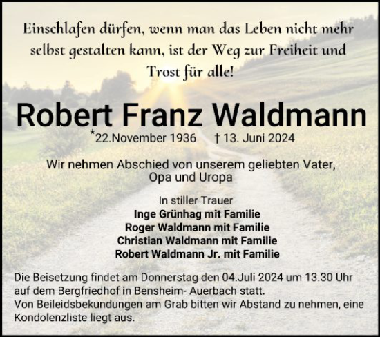 Traueranzeige von Robert Franz Waldmann von Bergsträßer Anzeiger