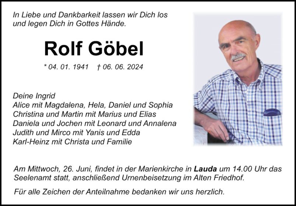  Traueranzeige für Rolf Göbel vom 21.06.2024 aus Fränkische Nachrichten