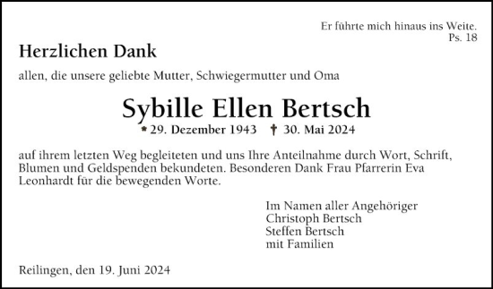 Traueranzeige von Sybille  Bertsch von Schwetzinger Zeitung