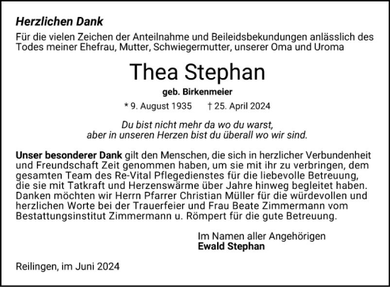 Traueranzeige von Thea Stephan von Schwetzinger Zeitung