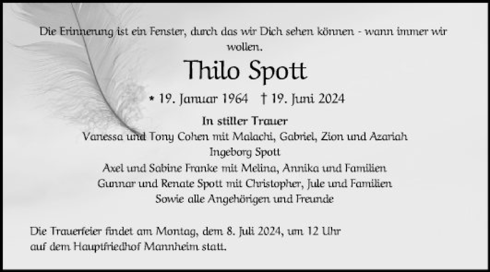  Traueranzeige für Thilo Spott vom 29.06.2024 aus Mannheimer Morgen