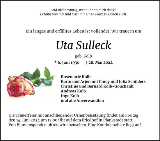 Traueranzeige von Uta Sulleck von Schwetzinger Zeitung