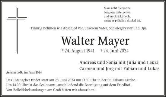 Traueranzeige von Walter Mayer von Fränkische Nachrichten