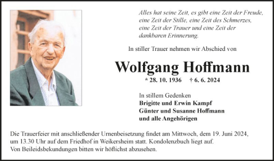 Traueranzeige von Wolfgang Hoffmann von Fränkische Nachrichten