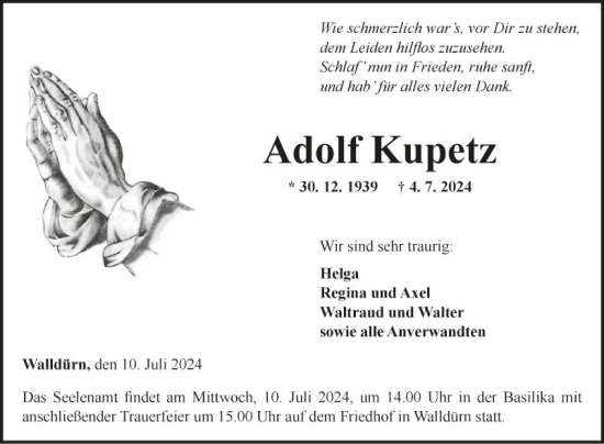 Traueranzeige von Adolf  Kupetz von Fränkische Nachrichten