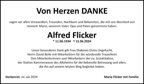 Traueranzeige von Alfred Flicker von Fränkische Nachrichten