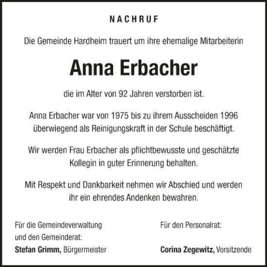 Traueranzeige von Anna Erbacher von Fränkische Nachrichten