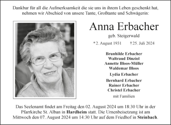 Traueranzeige von Anna Erbacher von Fränkische Nachrichten