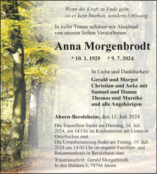 Traueranzeige von Anna Morgenbrodt von Fränkische Nachrichten