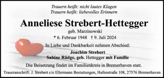 Traueranzeige von Anneliese Strebert-Hettegger von Bergsträßer Anzeiger