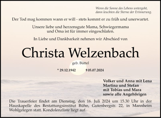 Traueranzeige von Christa Weizenbach von Mannheimer Morgen