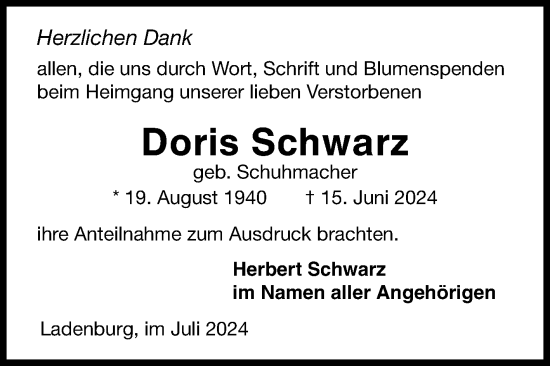 Traueranzeige von Doris Schwarz von Mannheimer Morgen